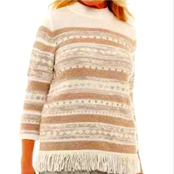 Alfred Dunner Sweaters - Boho Cottagecore Fringe Sweater Neutral Knit Cream Tan Womens L NWT
